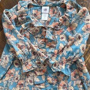 CAbi Blue and Orange Floral Ruffle Top